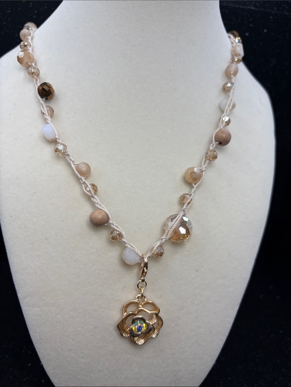 Gold Flower Pendant Beaded Necklace - Neutral Tones - Picture 3 of 7